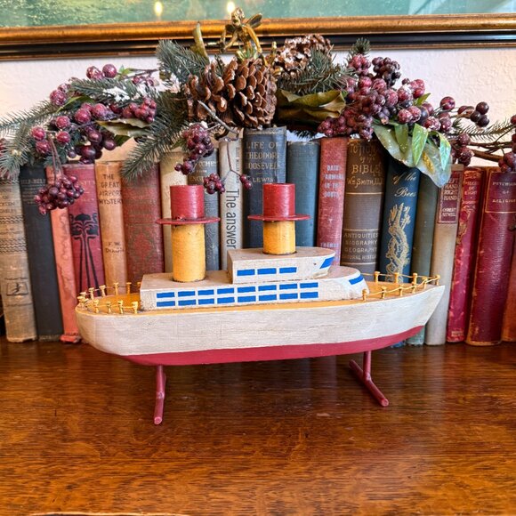 Palecek San Francisco Hand carved Wooden Ship Candle Holder 12.5" Long - Picture 12 of 17